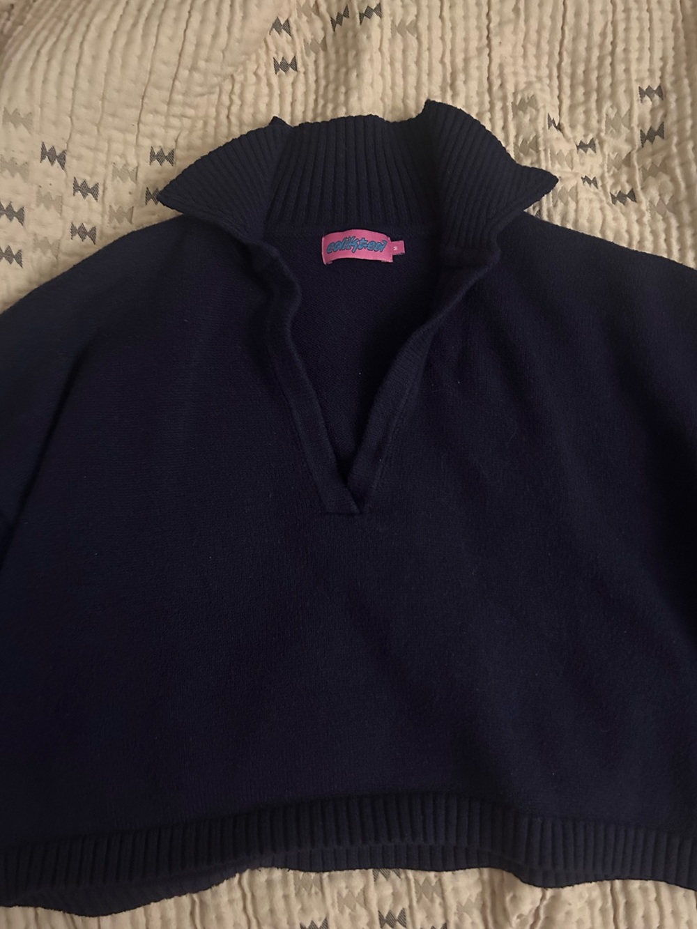 Edikted Navy Deep V Funnel Collar Knit Sweater Cropped